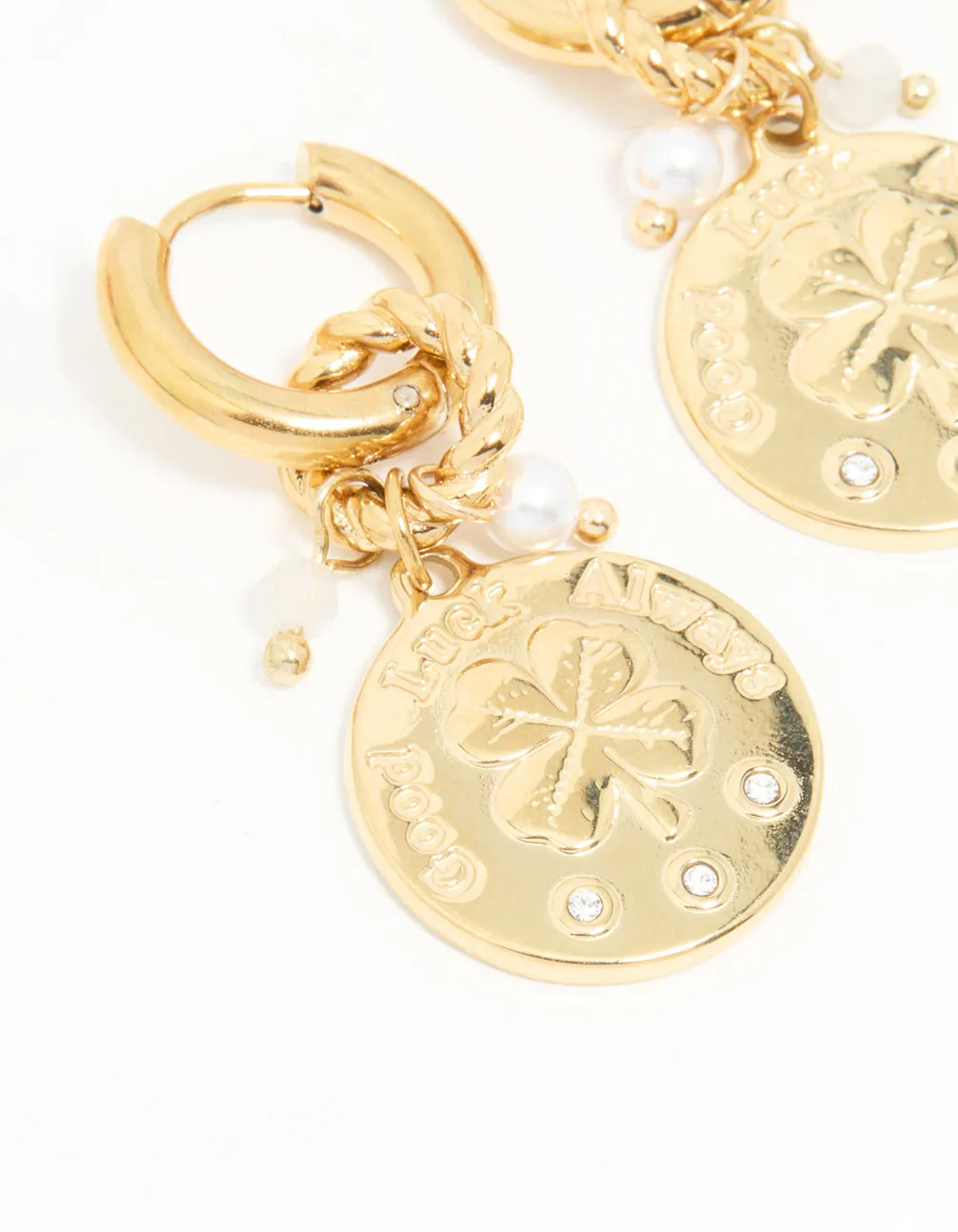 Waterproof Gold Plated Stainless Steel Clover Coin Drop Hoop Earrings sold by lovisa product image thumbnail 4