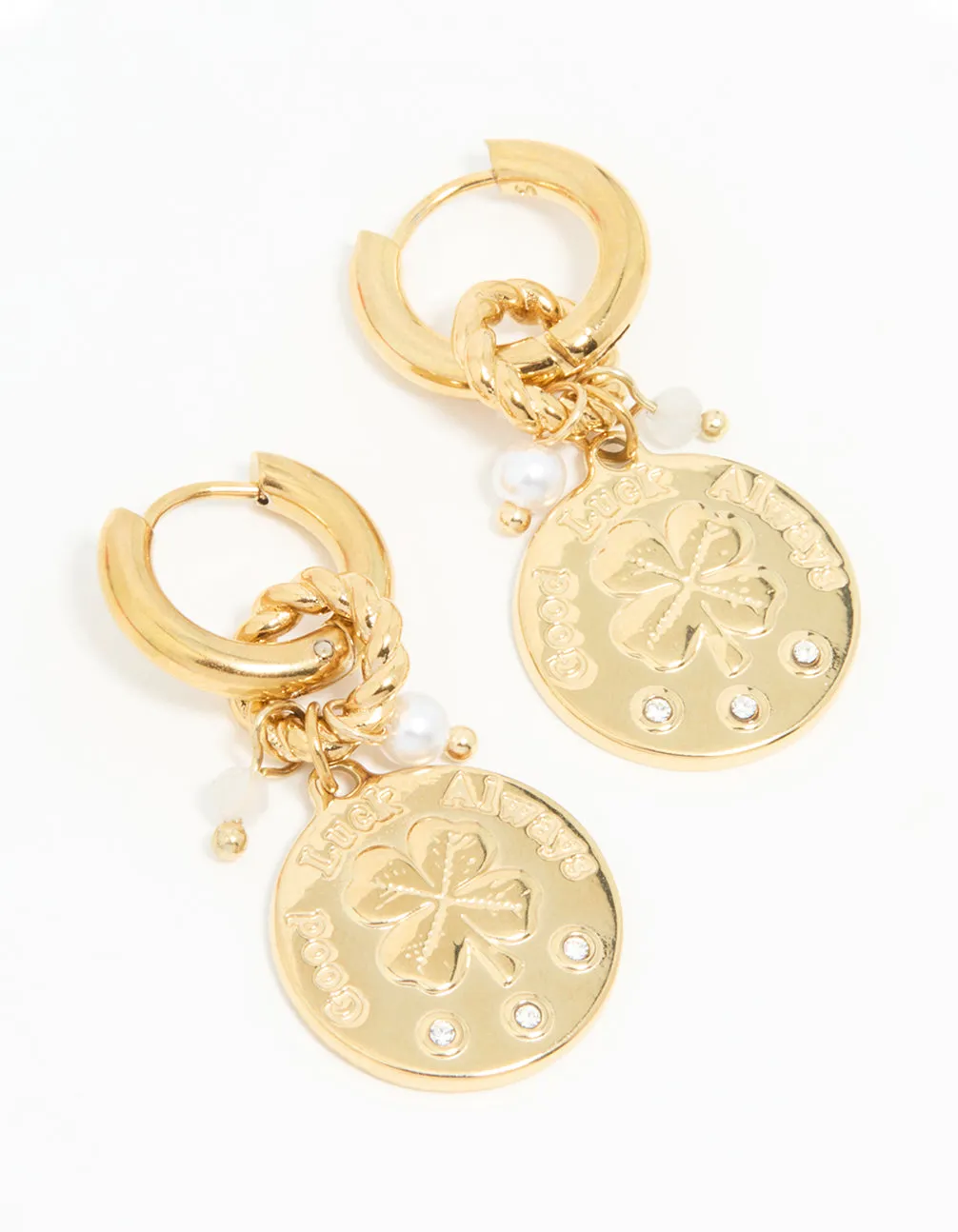 Waterproof Gold Plated Stainless Steel Clover Coin Drop Hoop Earrings sold by lovisa