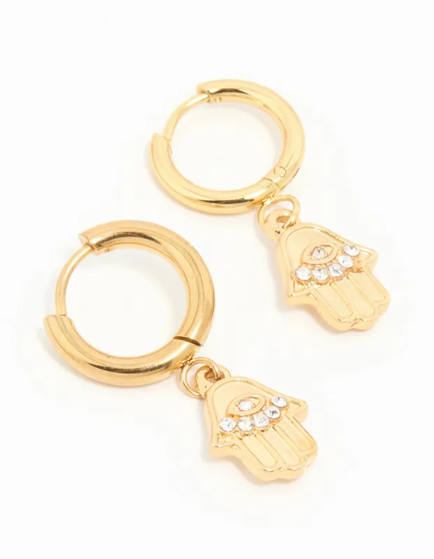Waterproof Gold Plated Stainless Steel Hamsa Hand Hoop Earrings sold by lovisa