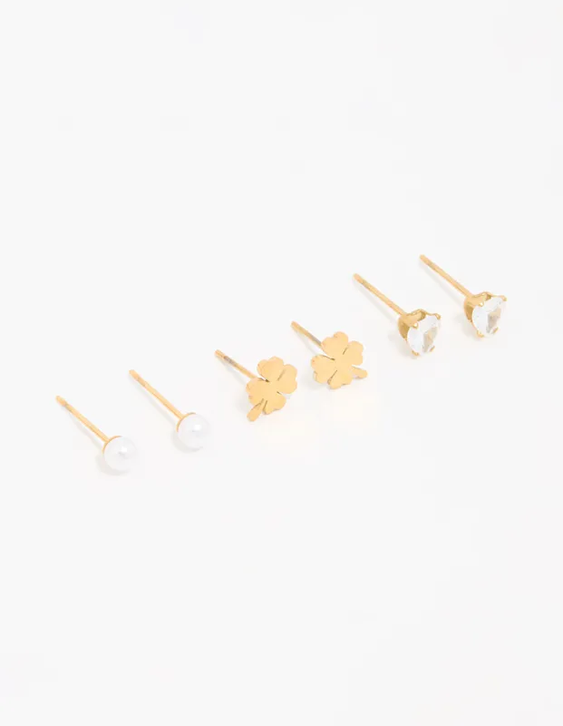 Waterproof Gold Plated Stainless Steel Clean Clover Stud Earrings 3-Pack sold by lovisa