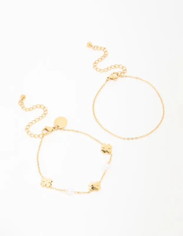 Waterproof Gold Plated Stainless Steel Clover & Pearl Bracelets 2-Pack sold by lovisa