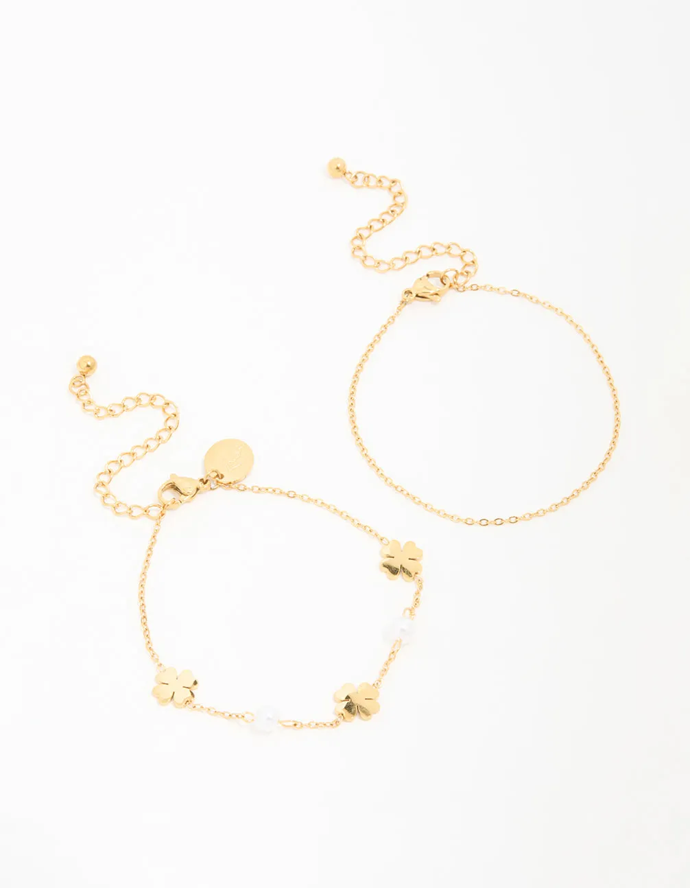 Waterproof Gold Plated Stainless Steel Clover & Pearl Bracelets 2-Pack sold by lovisa