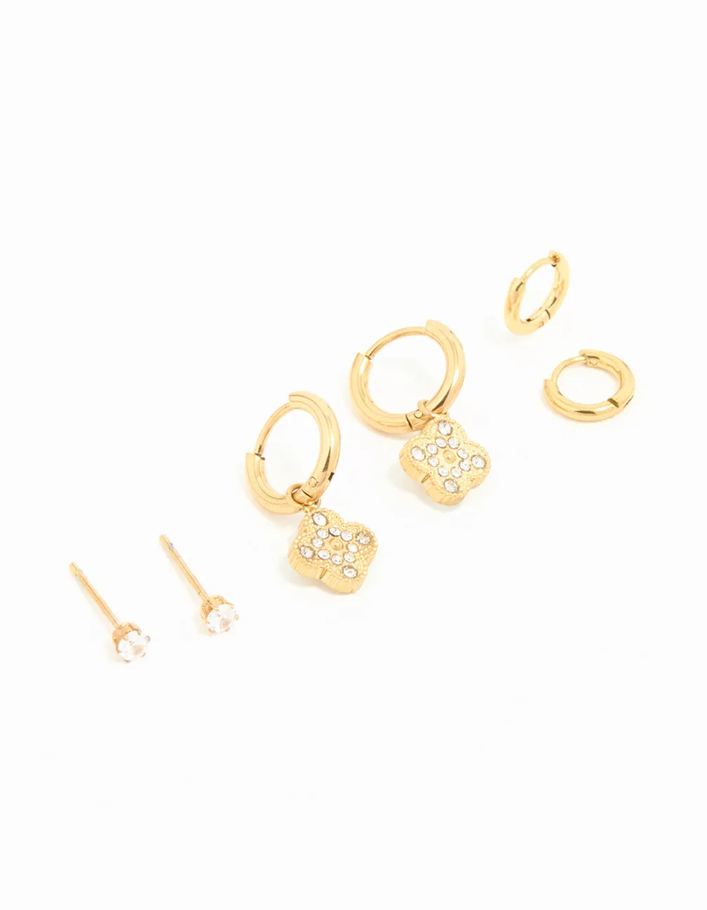 Waterproof Gold Plated Stainless Steel Cubic Zirconia Flower Hoop Earrings 3-Pack sold by lovisa