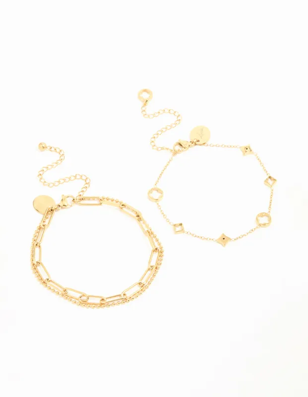 Waterproof Gold Plated Stainless Steel Hollow Flower Chain Bracelets 2-Pack sold by lovisa