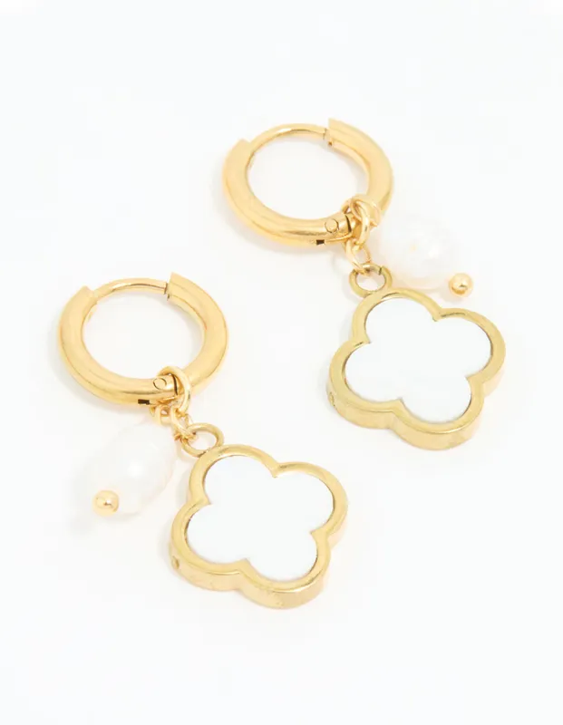 Waterproof Gold Plated Stainless Steel Pearl & Flower Hoop Earrings sold by lovisa