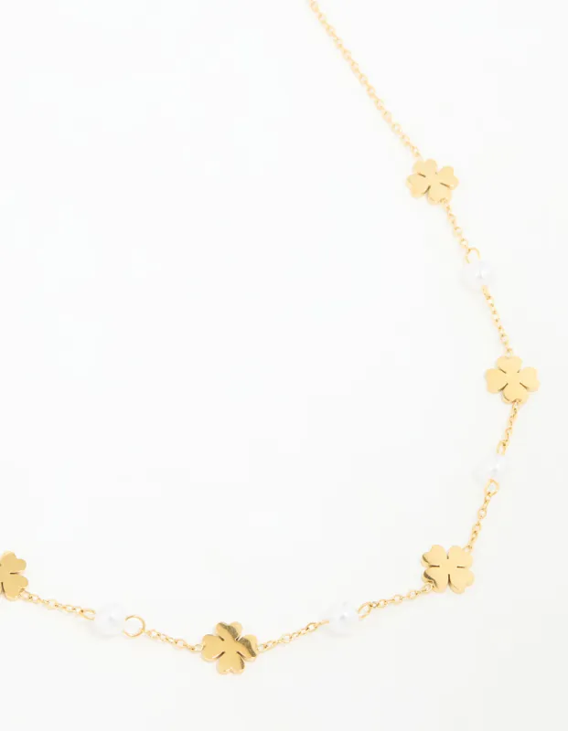 Waterproof Gold Plated Stainless Steel Pearl & Clover Pendant Necklace sold by lovisa
