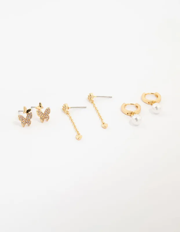 Gold Plated Cubic Zirconia Pearl & Butterfly Earrings 3-Pack sold by lovisa