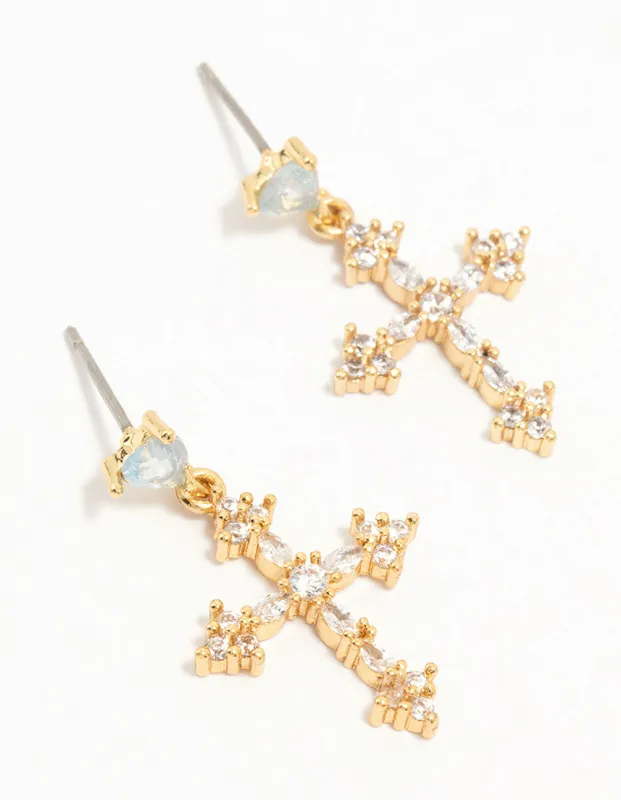 Gold Plated Cubic Zirconia Cross Drop Earrings sold by lovisa
