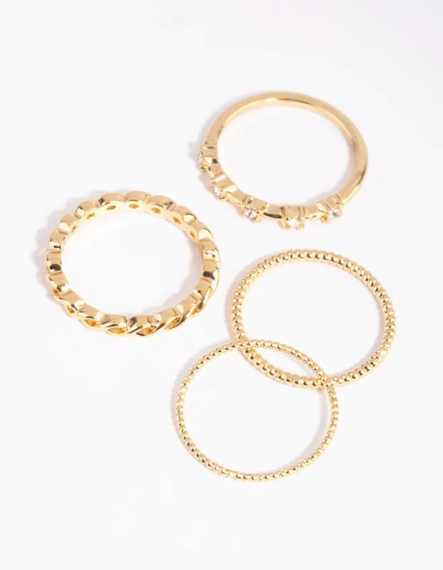 Gold Plated Diamante Ring 4-Pack sold by lovisa