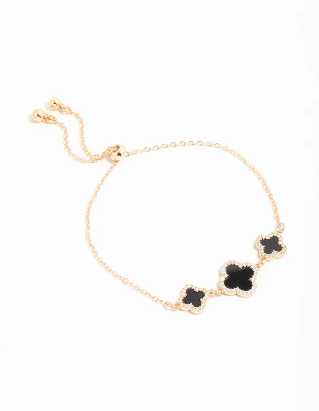 Gold Cubic Zirconia Black Flower Trio Toggle  Bracelet sold by lovisa