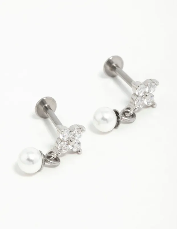 Surgical Steel Pearl Cubic Zirconia Flower Flat Back Earrings sold by lovisa
