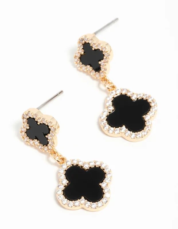 Gold Cubic Zirconia Black Flower Drop Earrings sold by lovisa