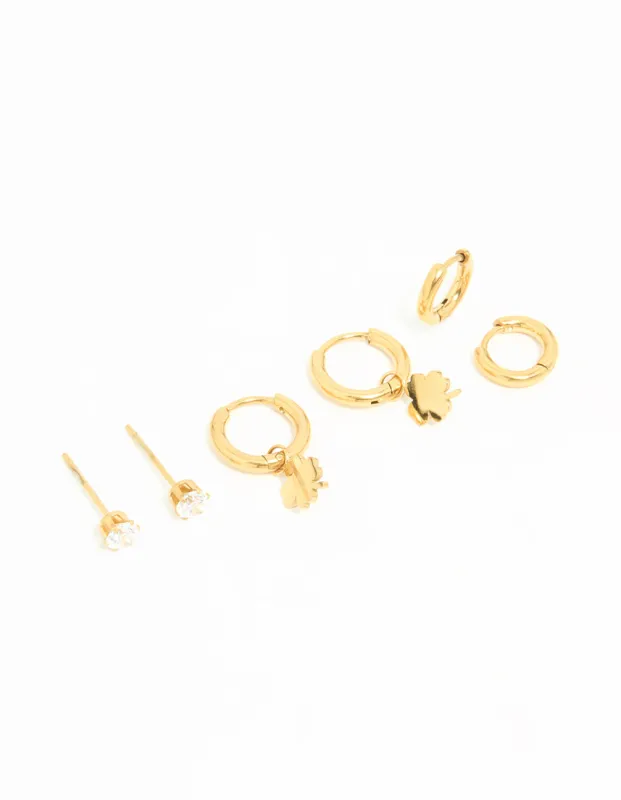 Waterproof Gold Plated Stainless Steel Clover Clean Earrings 3-Pack sold by lovisa