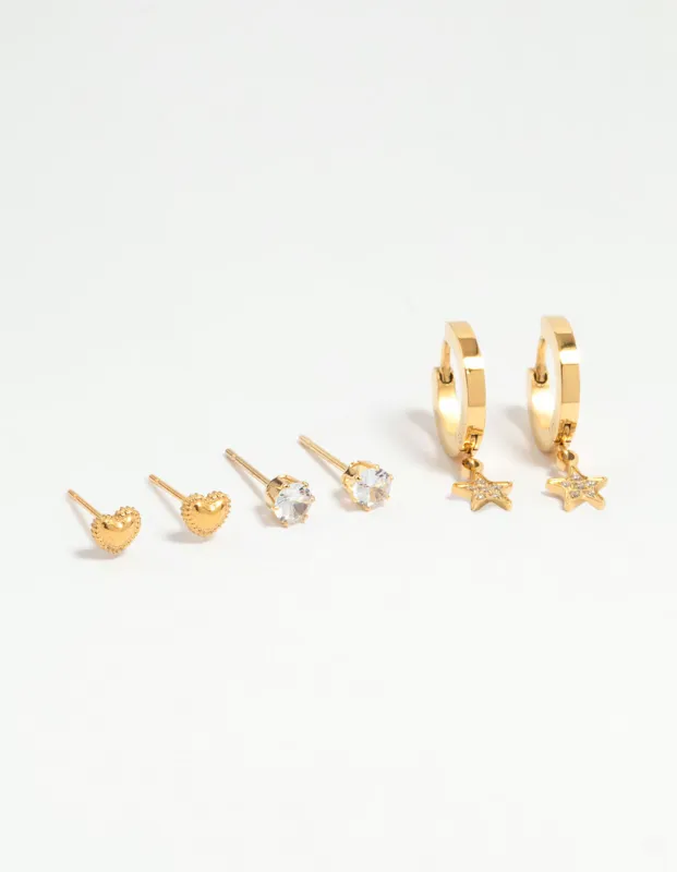 Waterproof Gold Plated Stainless Steel Diamante Star & Heart Stud Earrings 3-Pack sold by lovisa