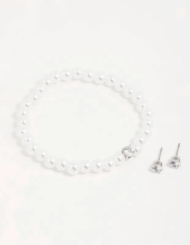 Silver Cubic Zirconia Earrings & Pearl Bracelet Set sold by lovisa
