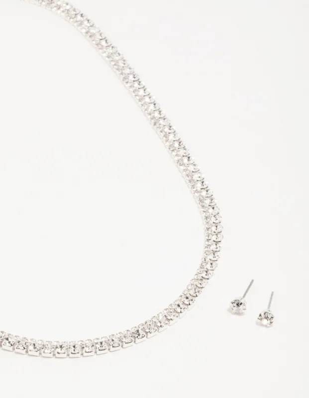 Silver Diamante Tennis Necklace & Earrings Set sold by lovisa