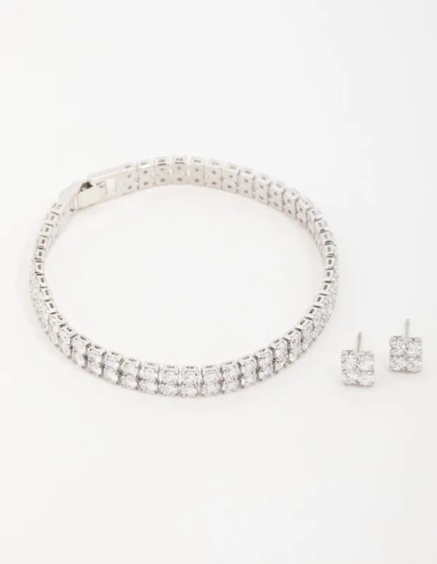 Silver Cubic Zirconia Flower Earrings &  Tennis Bracelet Set sold by lovisa