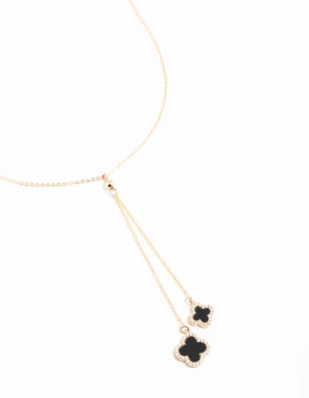 Gold Cubic Zirconia Black Flower Y-Necklace sold by lovisa