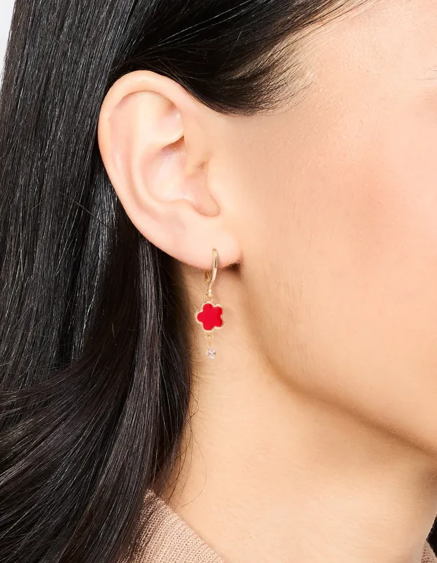 Gold Red Cubic Zirconia Floral Droplet Earrings sold by lovisa