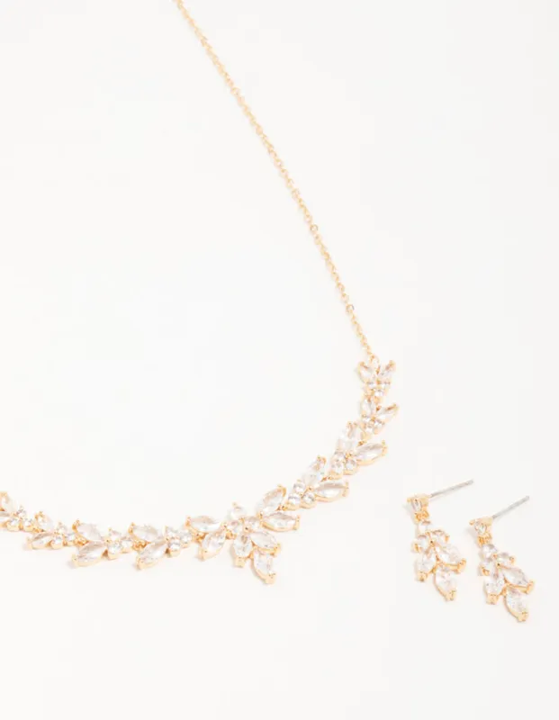 Gold Cubic Zirconia Leaf Vine Necklace & Earrings Set sold by lovisa