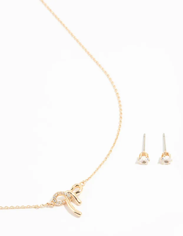 Gold Cubic Zirconia Bow Necklace & Earrings Set sold by lovisa
