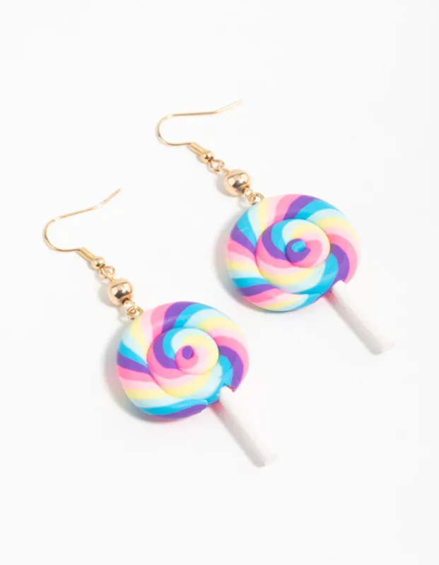 Rainbow Swirl Lollipop Drop Earrings sold by lovisa