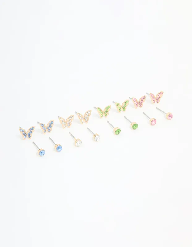 Gold Multicoloured Diamante Butterfly Stud Earrings 8-Pack sold by lovisa