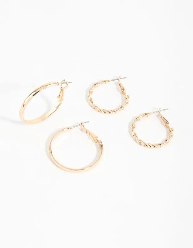 Gold Flat Twist Mixed Hoop Earrings 2-Pack sold by lovisa