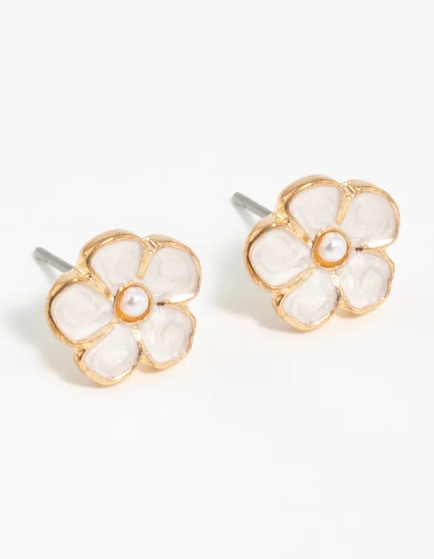Gold Pearl Center Flower Stud Earrings sold by lovisa