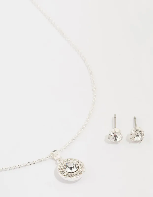 Silver Diamante Halo Necklace & Earrings Set sold by lovisa