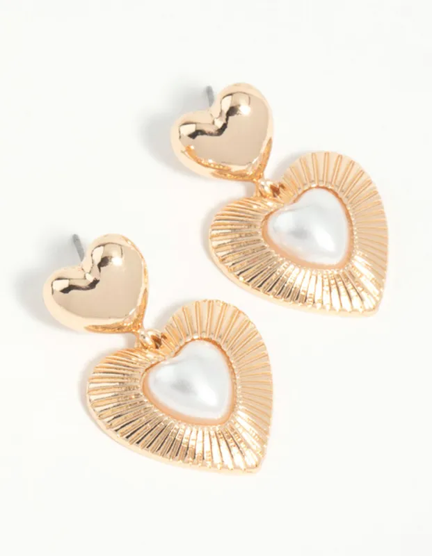 Gold Pearl Heart Drop Earrings sold by lovisa