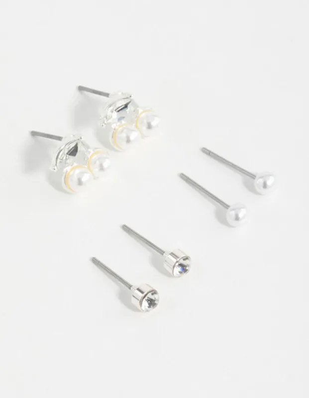 Silver Pearl Diamante & Cherry Earrings 3-Pack sold by lovisa