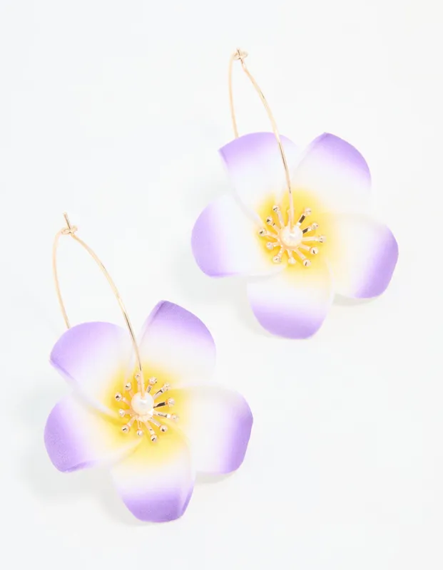 Gold Purple Pearl Large Frangipani Hoop Earrings sold by lovisa