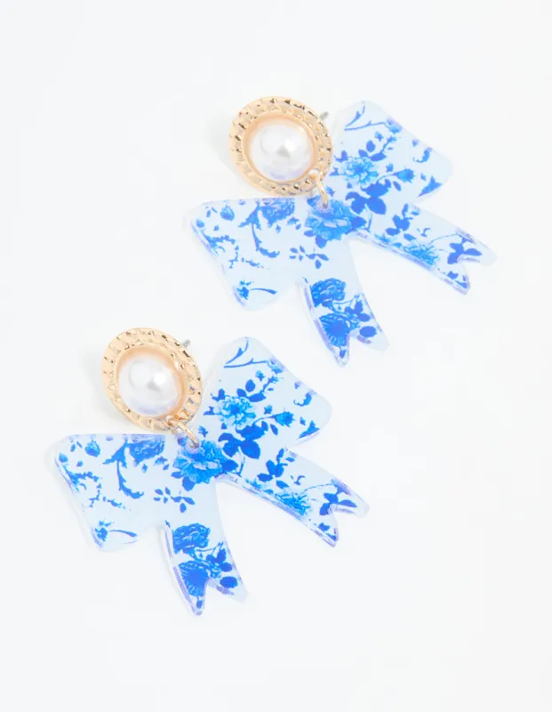 Gold Pearl Blue Bow Stud Earrings sold by lovisa