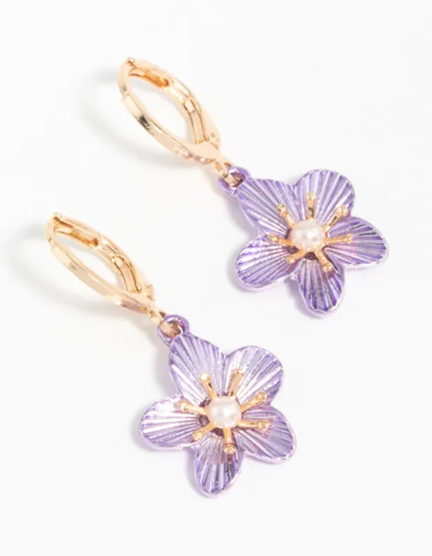 Gold Purple Pearl Flower Drop Earrings sold by lovisa