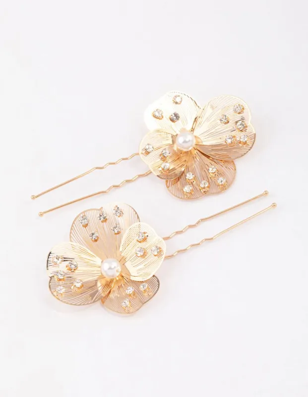 Gold Pearl Etched Flower Hair Pin Pack sold by lovisa
