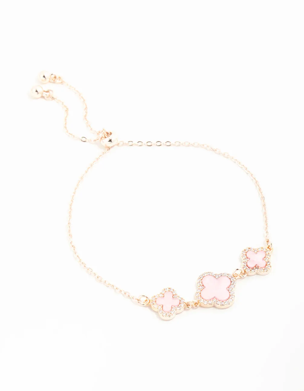 Rose Gold Cubic Zirconia Pink Flower Trio Toggle Bracelet sold by lovisa