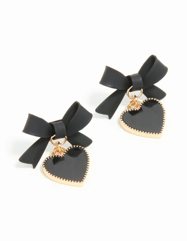 Gold Black Coated Metal Bow Drop Heart Stud Earrings sold by lovisa