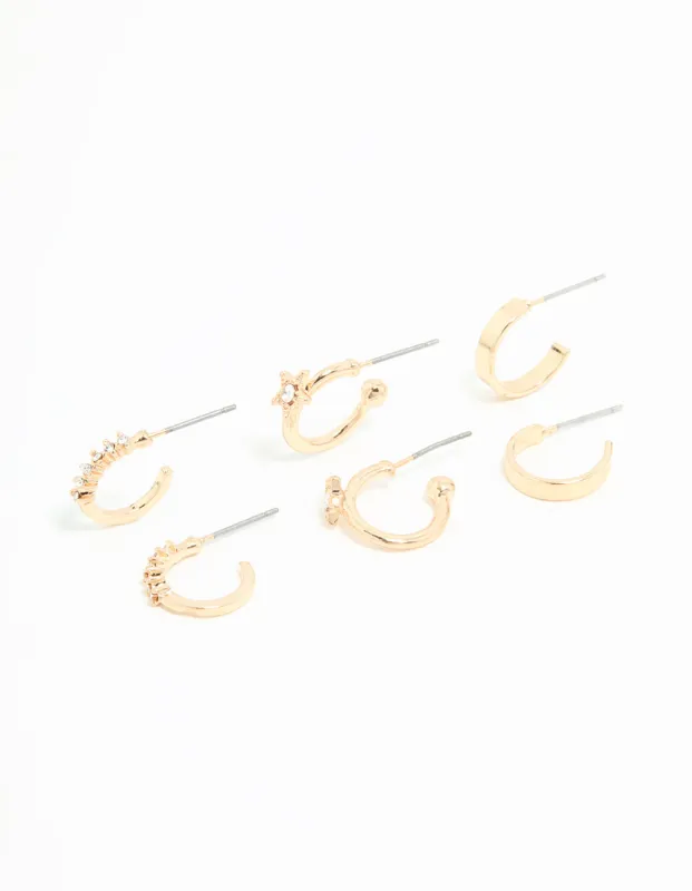 Gold Diamante Star Huggie Earrings 3-Pack sold by lovisa