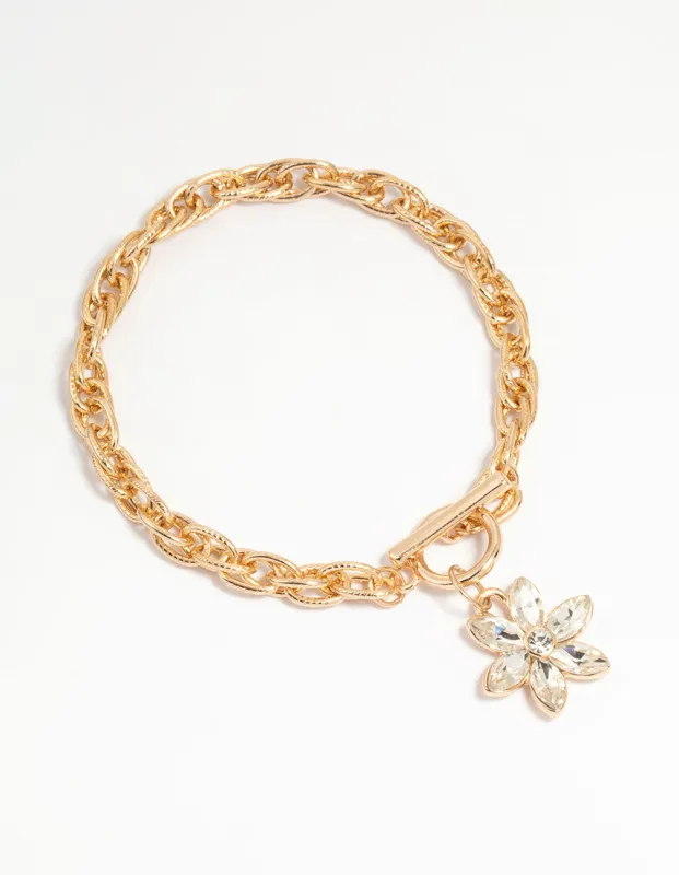 Gold Diamante Flower Charm T & O Bracelet sold by lovisa