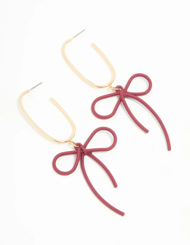 Gold Burgundy Bow Drop Earrings sold by lovisa