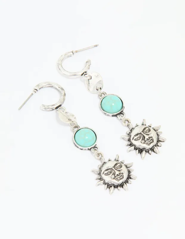 Antique Silver Turquoise Stone & Sun Drop Earrings sold by lovisa