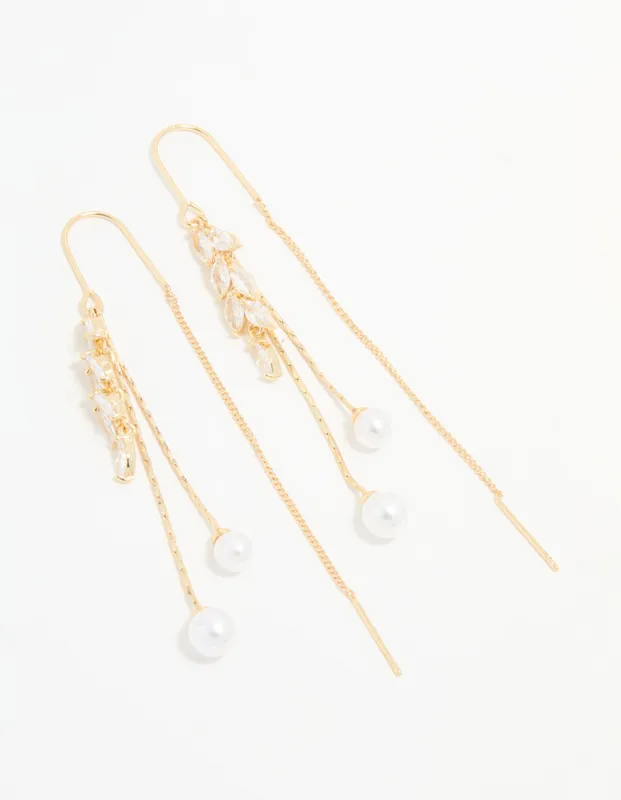 Gold Cubic Zirconia Pearl Leaf Drop Hook Earrings sold by lovisa