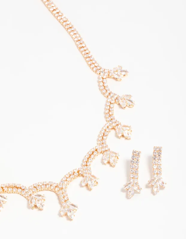 Gold Cubic Zirconia Scalloped Flower Necklace & Earrings Set sold by lovisa