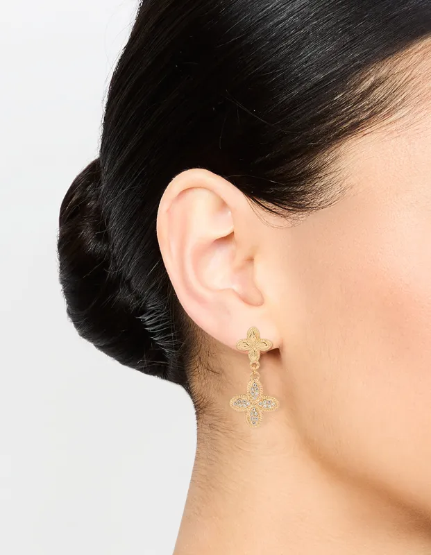 Gold Diamante Double Flower Drop Earrings sold by lovisa