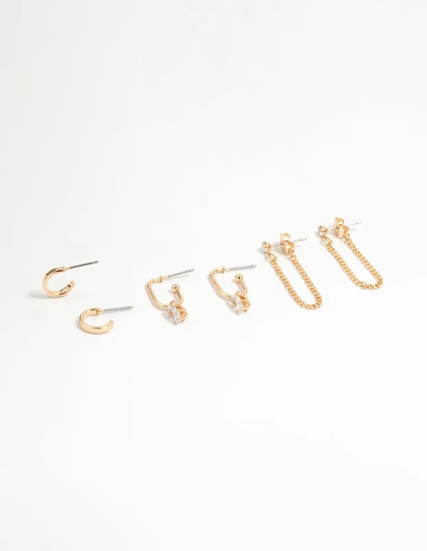 Gold Diamante Chain & Hoop Earrings 3-Pack sold by lovisa