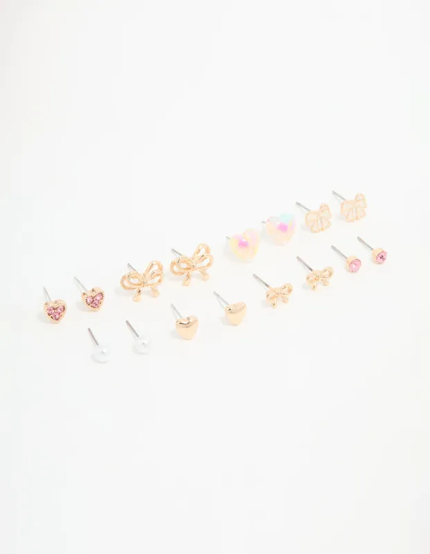Gold Bow & Heart Stud Earrings 8-Pack sold by lovisa
