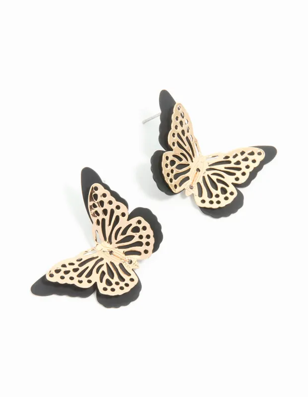 Gold Black Coated Metal Butterfly Stud Earrings sold by lovisa