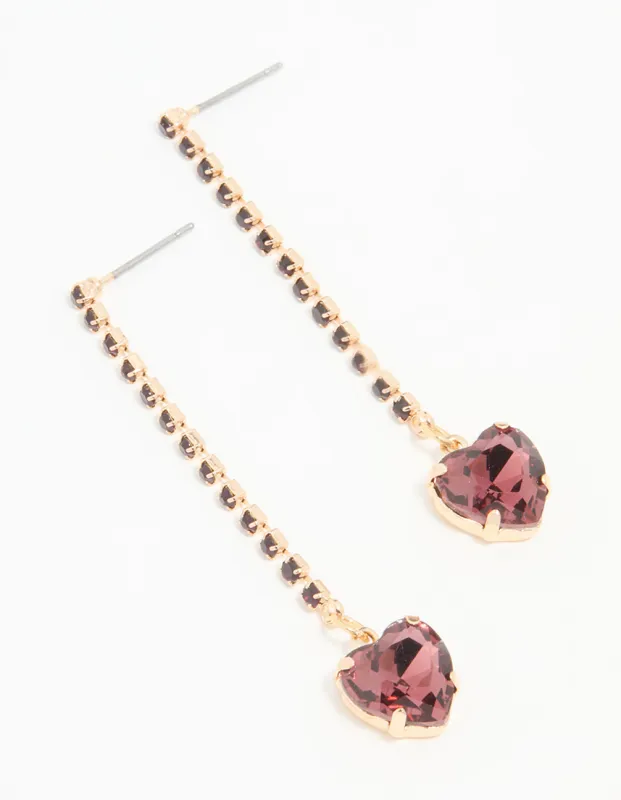 Gold Burgundy Diamante Heart Drop Earrings sold by lovisa