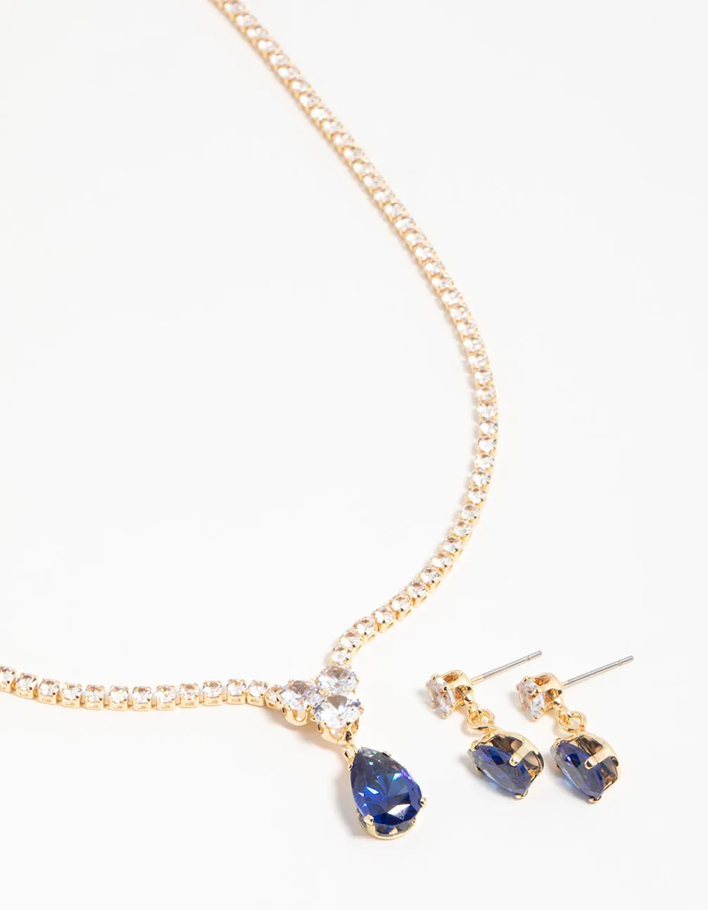 Gold Blue Cubic Zirconia Drop Necklace & Earrings Set sold by lovisa